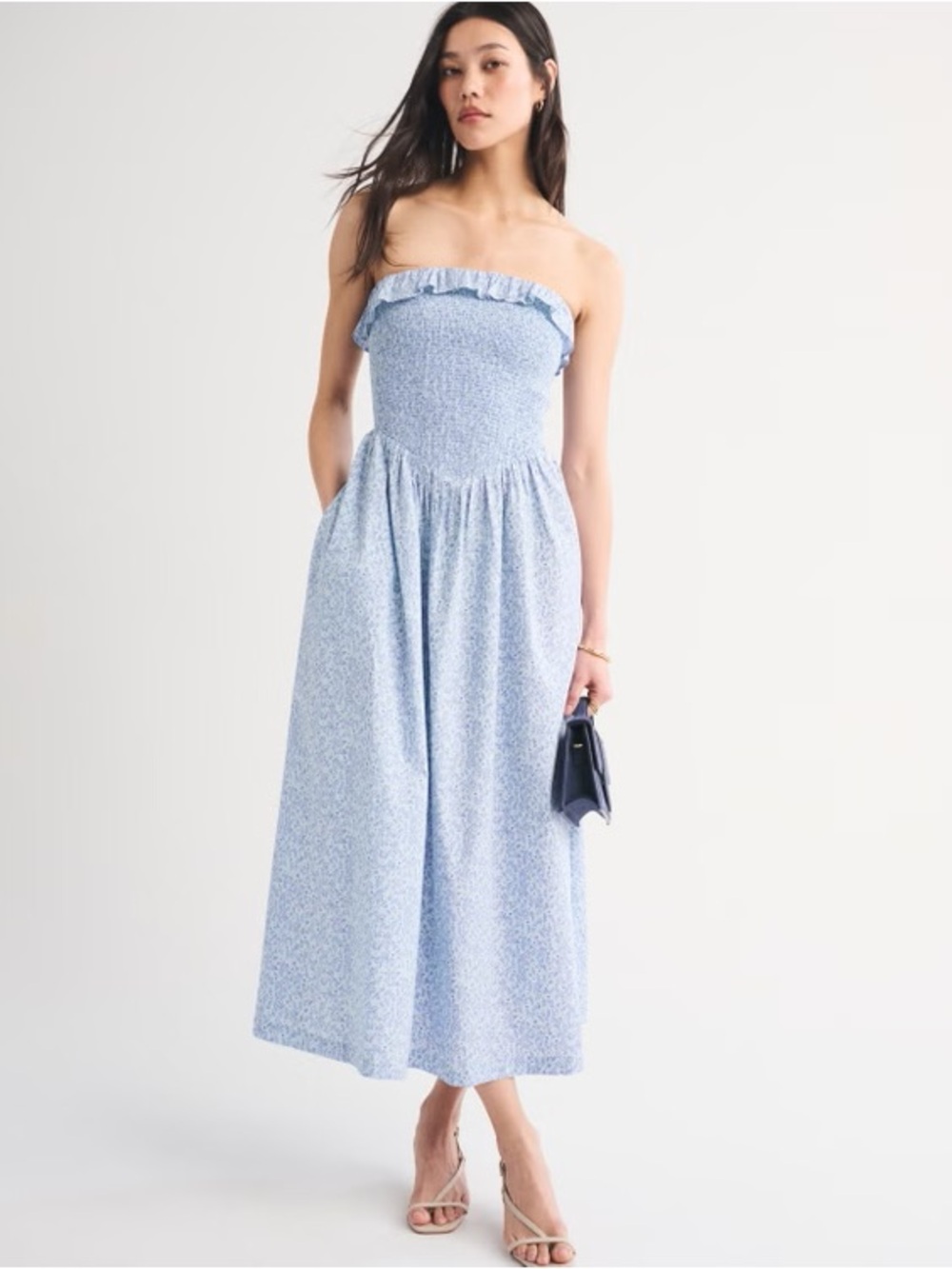 Abercrombie & Fitch Sydney Smocked Strapless Dipped-Waist Midi
Dress